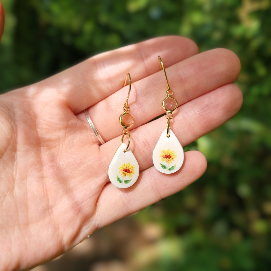Teardrop Sunflower Hook Earrings with Glass Accent
