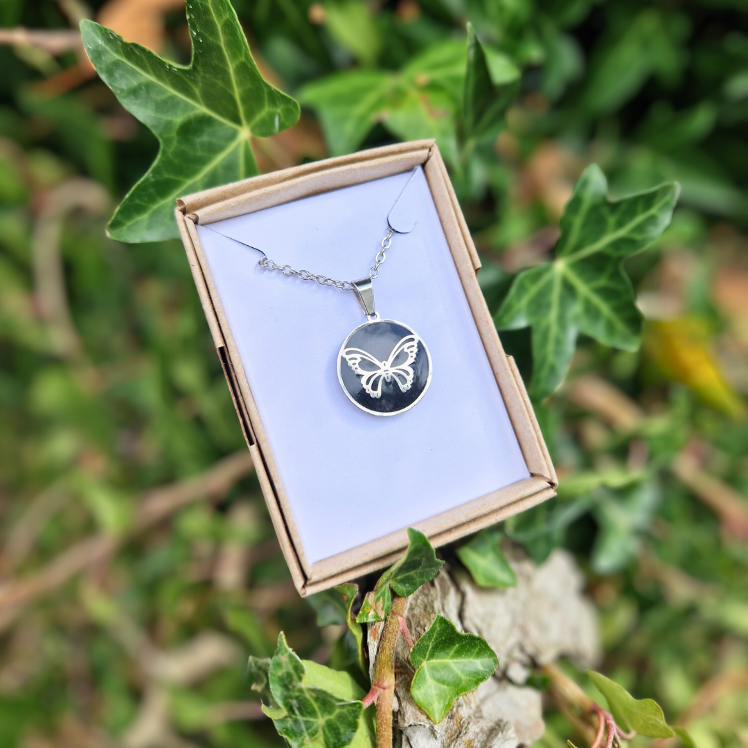 Polymer Clay and Resin Circle Frame Butterfly Necklace | 20"