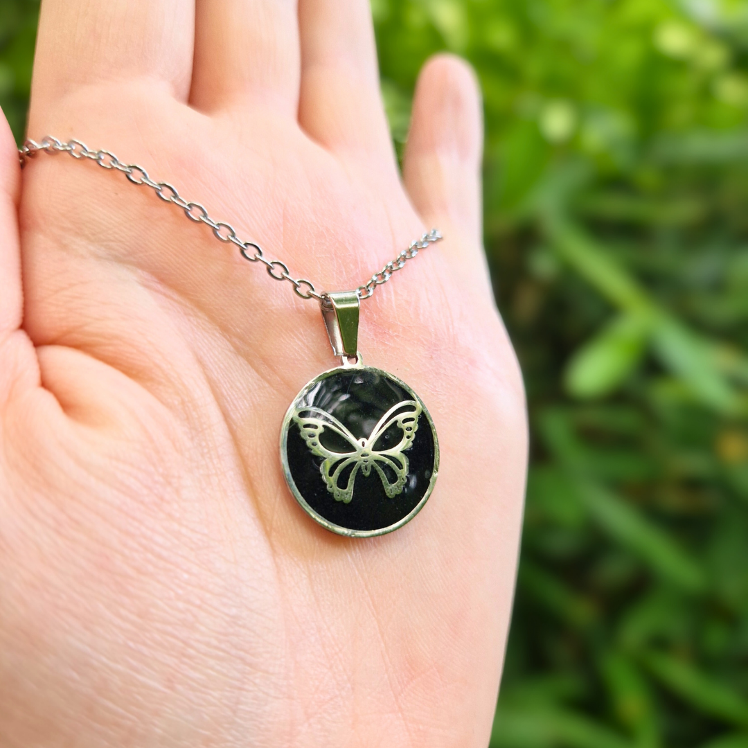 Polymer Clay and Resin Circle Frame Butterfly Necklace | 20"