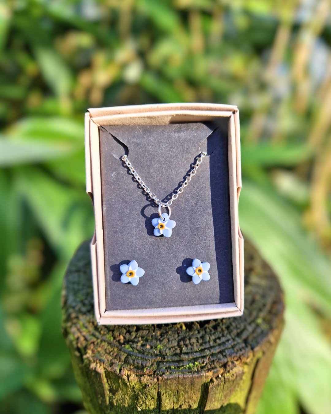 Dainty Polymer Clay Forget-me-not Stud & Necklace Set