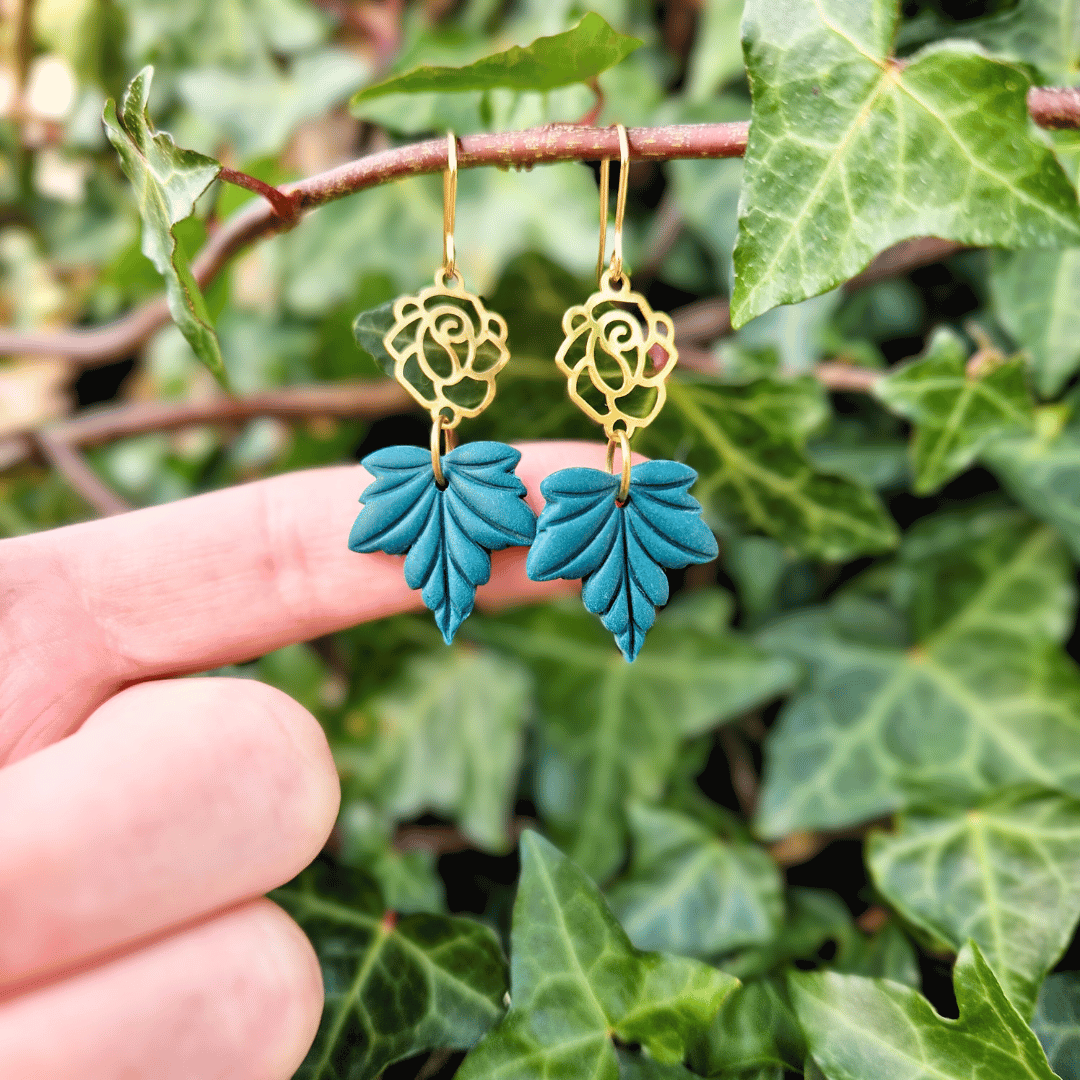 Classic Rose Leaf Polymer Clay Hook Earrings