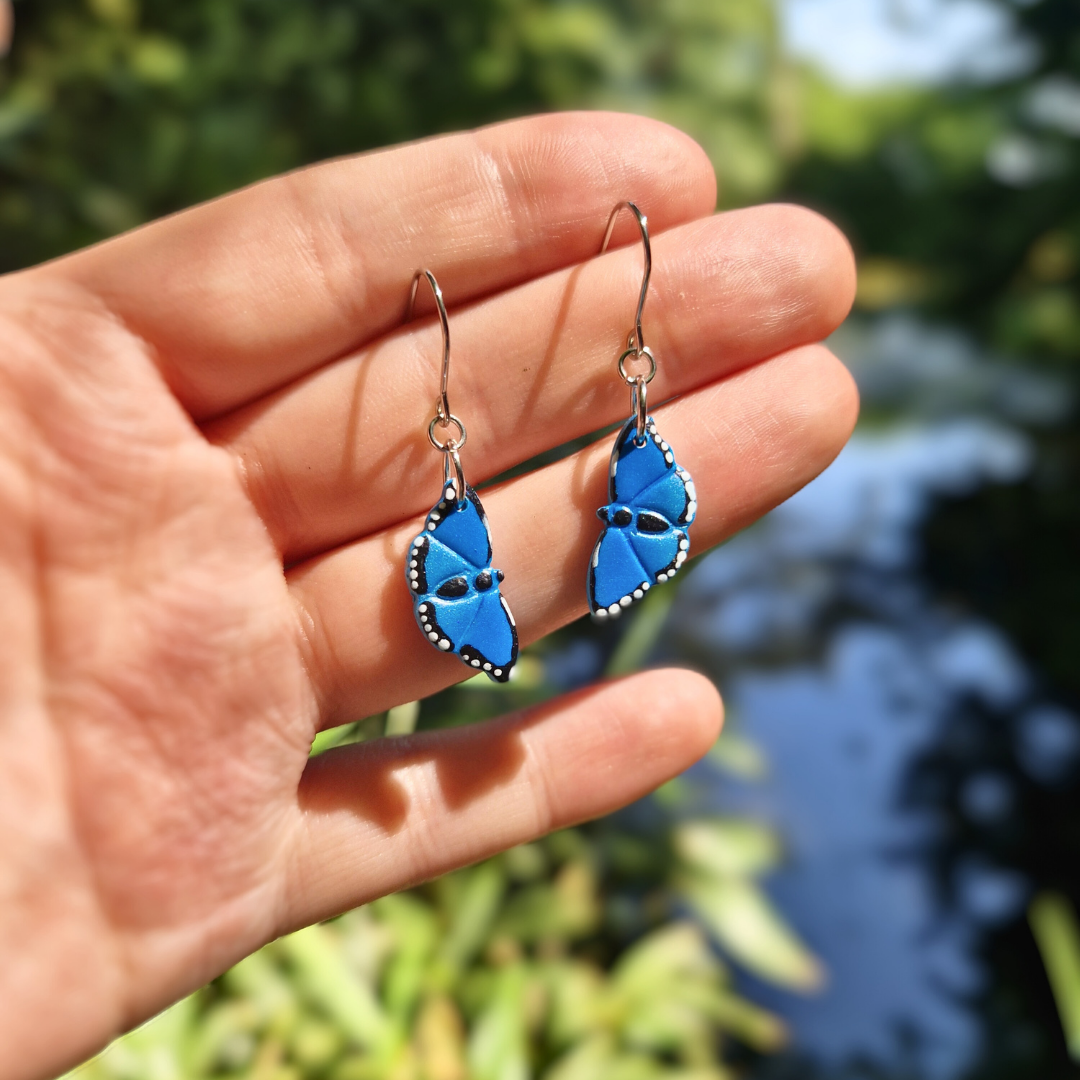 Hand Painted Blue Morpho Butterfly Hook Earrings