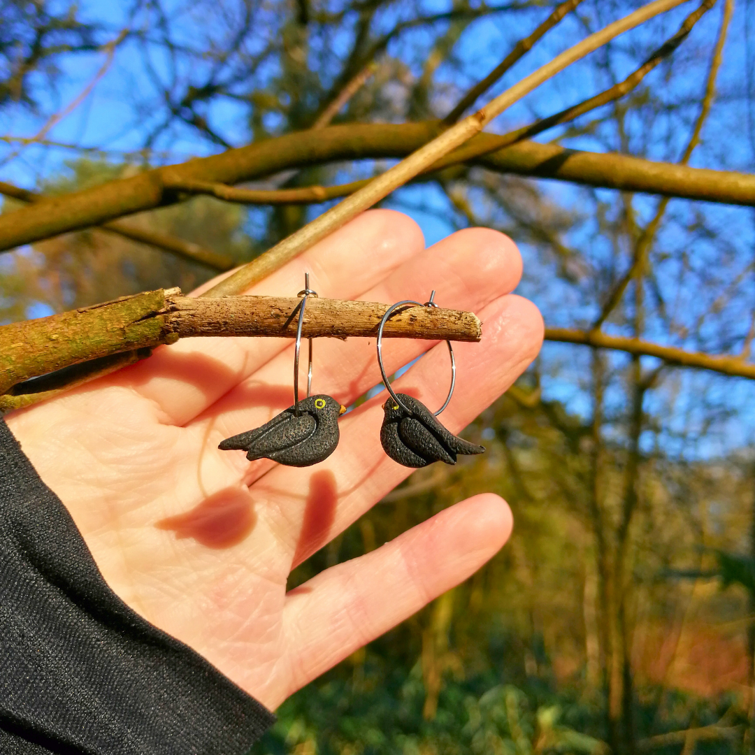 Blackbird British Bird Polymer Clay Hoop Earrings