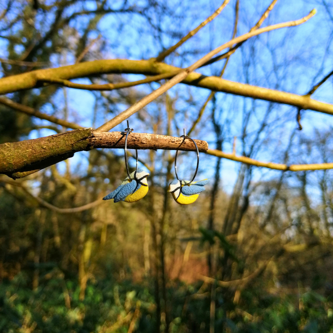 Blue Tit British Bird Polymer Clay Hoop Earrings