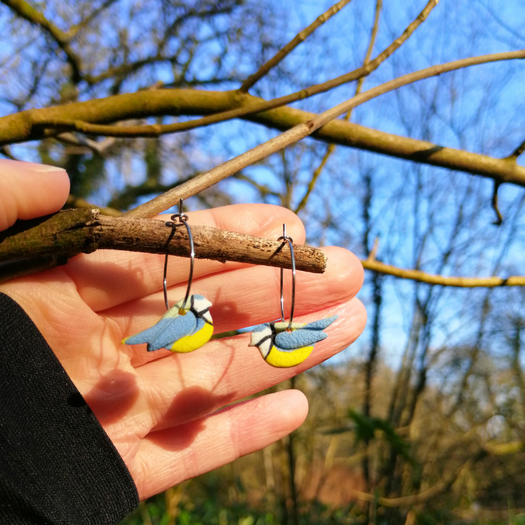 Blue Tit British Bird Polymer Clay Hoop Earrings