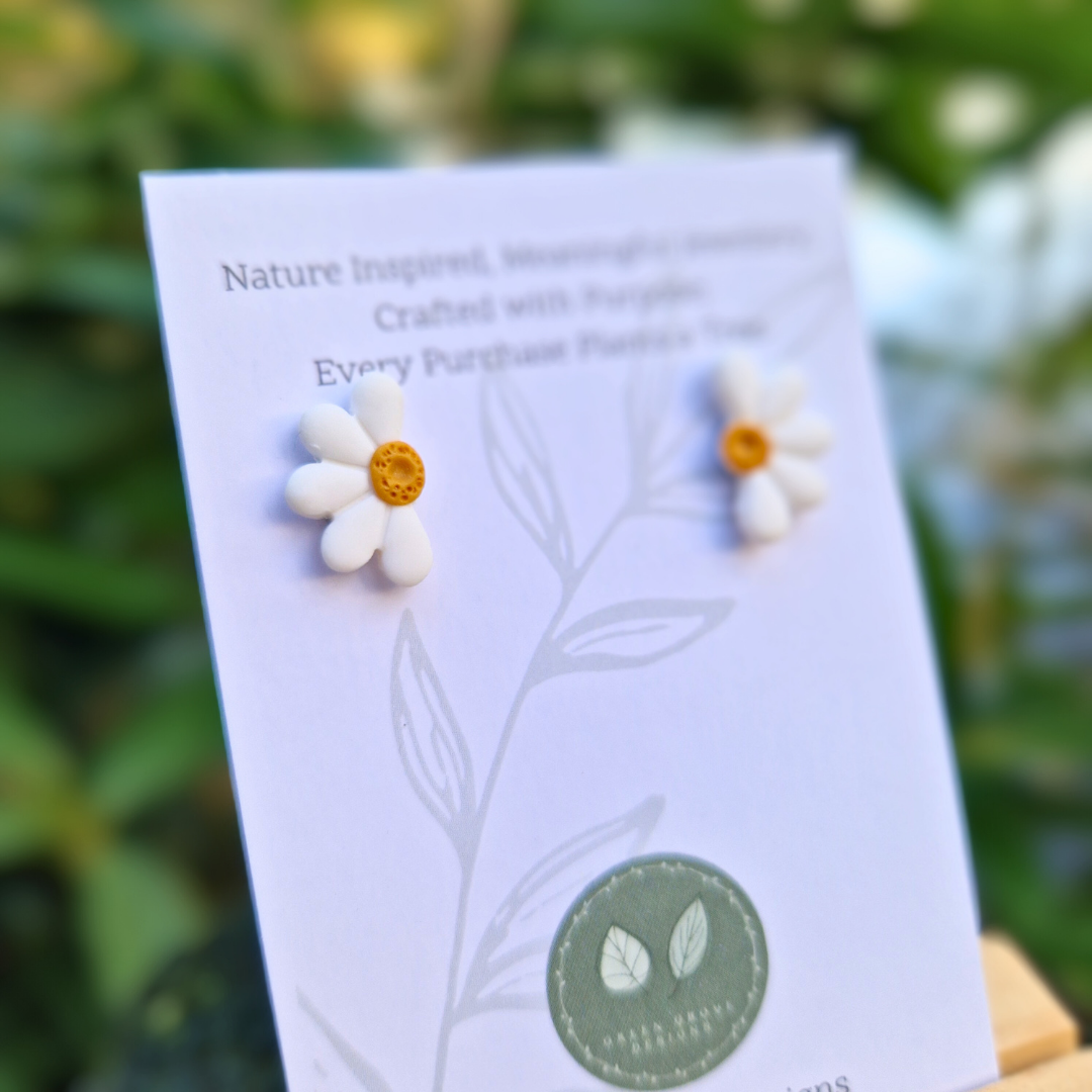 Close up Detail Shot of our Mini Half Daisy Polymer Clay Studs.