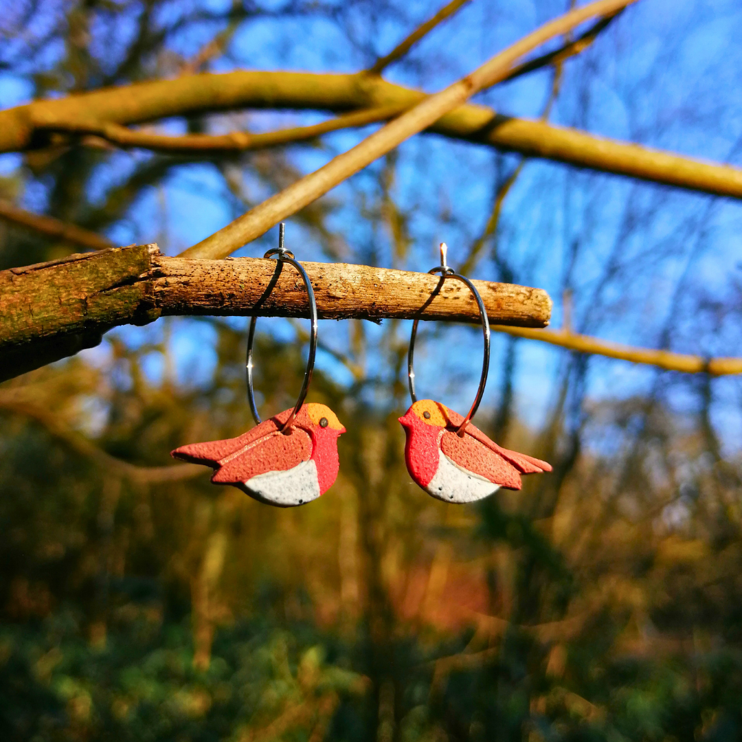 Robin British Bird Polymer Clay Hoop Earrings