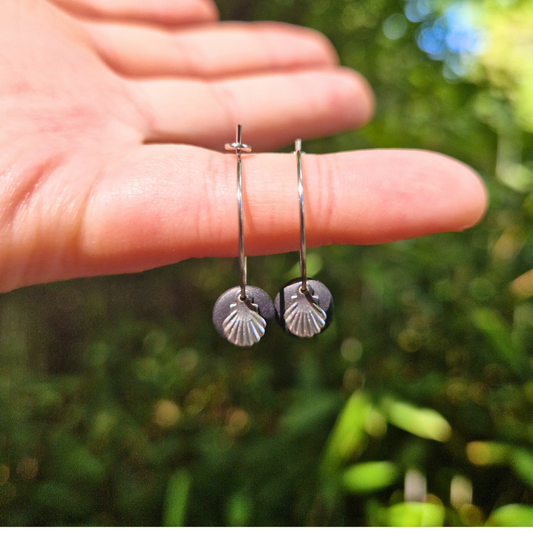 Summer Shell Hoop Earrings on Black Background