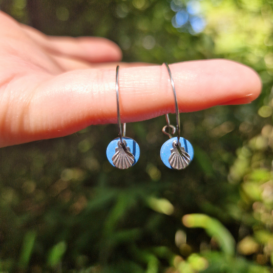 Summer Shell Hoop Earrings on Blue Background