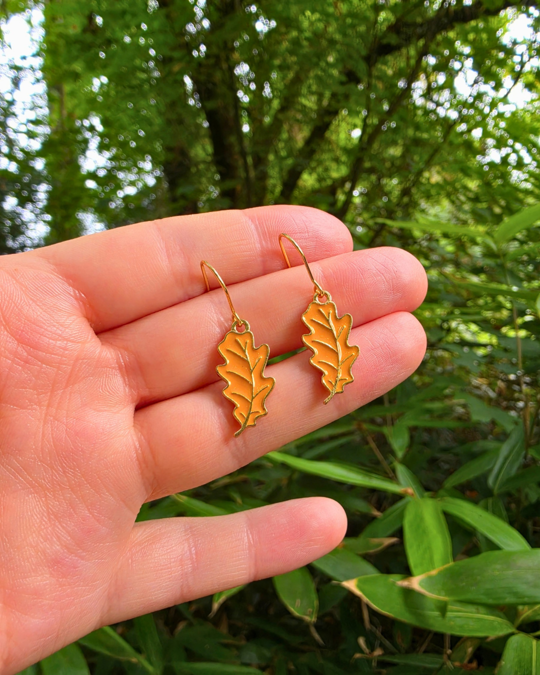 Yellow Oak Leaf Enamel Charm Earrings