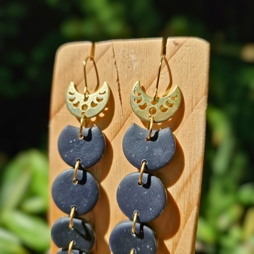 Galaxy Blue and Gold Moon Phase Drop Earrings