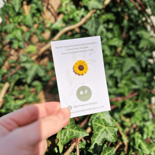 Polymer clay joyful Sunflower pin hand crafted in Dorset thumbnail.