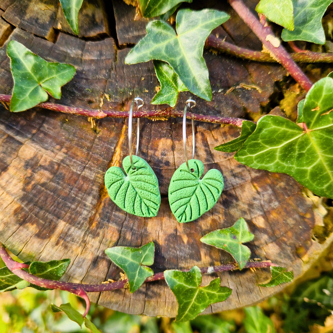 Philodendron Leaf Polymer Clay Hoop Earrings