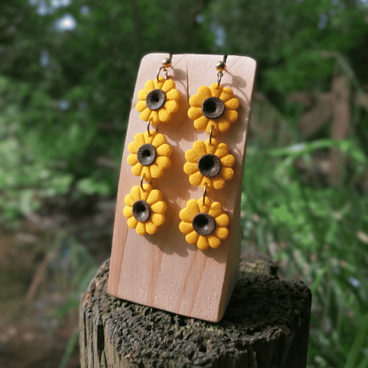 Polymer clay trio Sunflower drop studs, hand crafted in Dorset thumbnail.