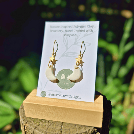 Speckled White and Gold Moon and Star Earrings