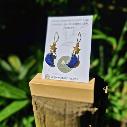 Glittery Navy and Gold Moon and Star Earrings