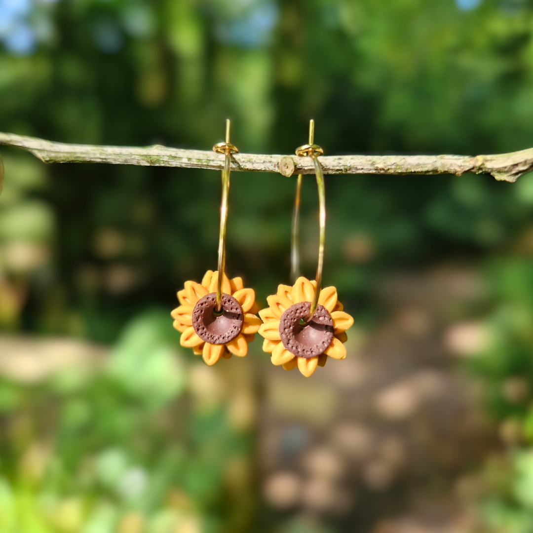 Hand Detailed Sunflower Hoop Earrings