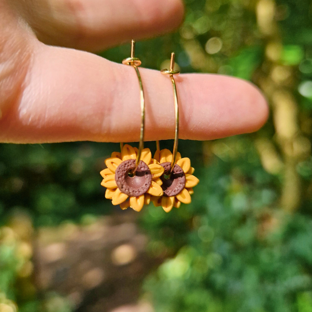 Hand Detailed Sunflower Hoop Earrings