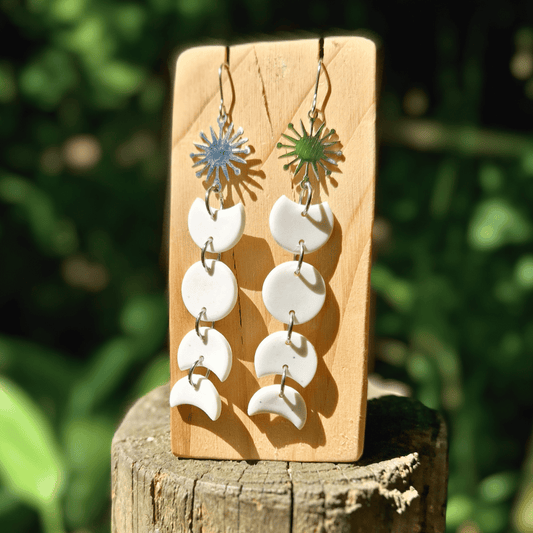 Speckled White and Silver Moon Phase Drop Earrings