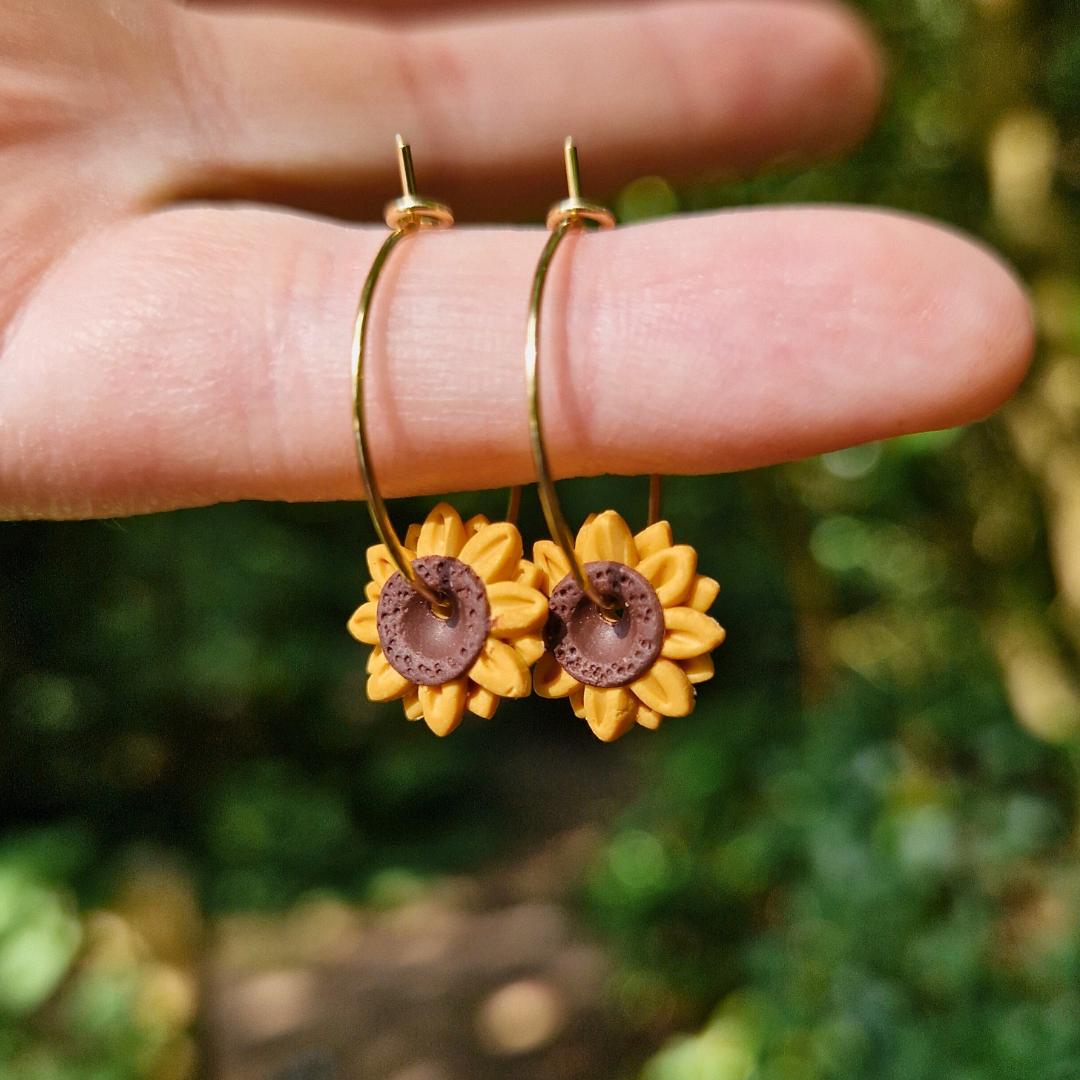 Hand Detailed Sunflower Hoop Earrings