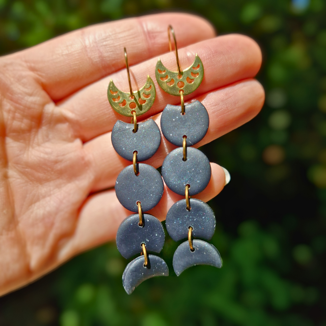 Galaxy Blue and Gold Moon Phase Drop Earrings