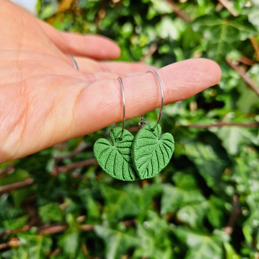 Philodendron Leaf Polymer Clay Hoop Earrings