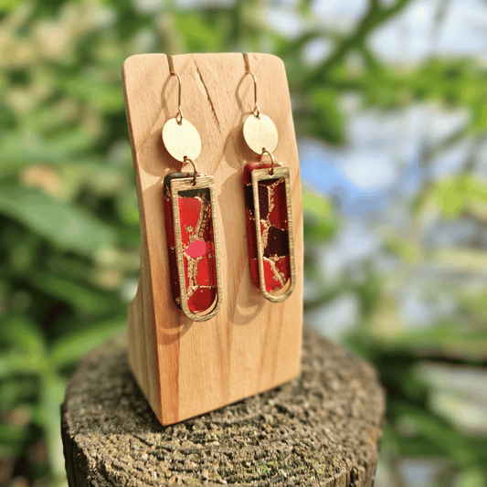 Thumbnail Image of the Zero Waste Reds and Gold Polymer Clay Long Arch Earrings, Hand Crafted in Dorset.