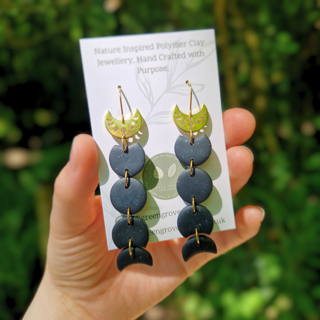 Galaxy Blue and Gold Moon Phase Drop Earrings