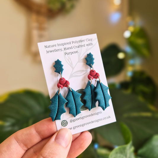 Winter Holly & Berry Drop Stud Earrings