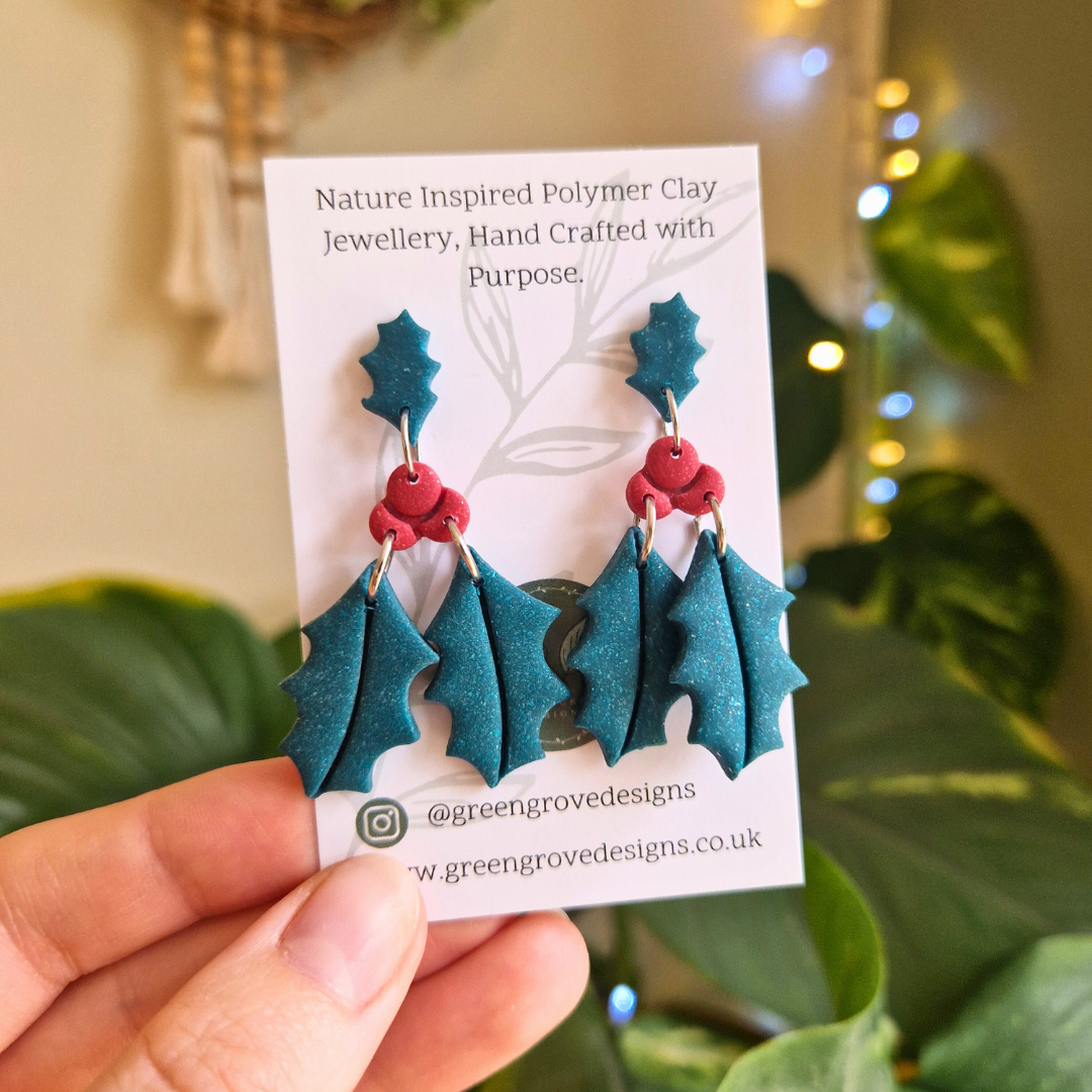 Winter Holly & Berry Drop Stud Earrings