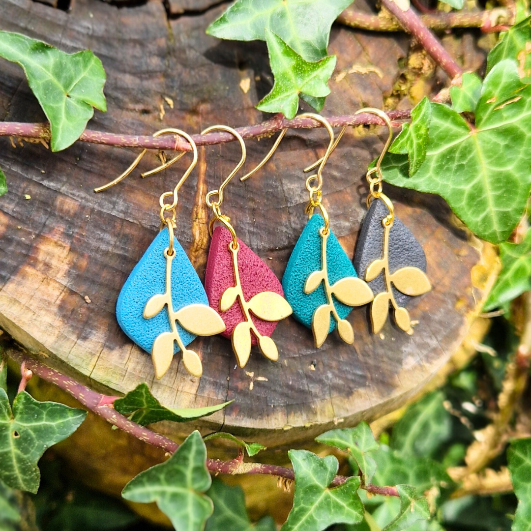 Classic Polymer Clay Diamond Leaf Hook Earrings - 4 colours