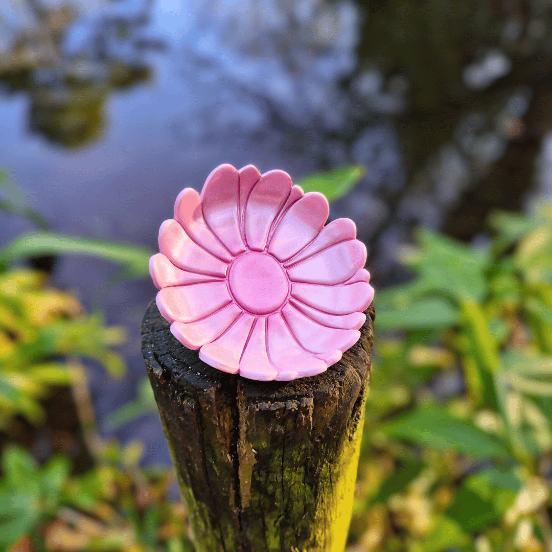 Pink Polymer Clay Jewellery Holder, Hand Crafted in Dorset, with Nature Background.