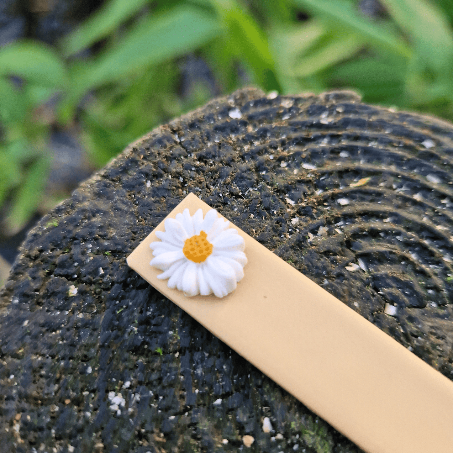 Close up Image of our Polymer Clay Daisy Yellow Plant Tag, Hand Crafted in Dorset.