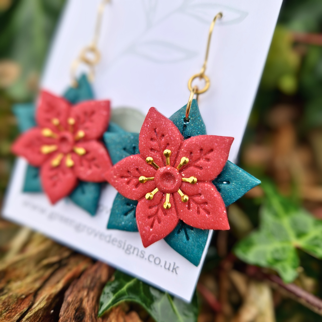 Gold Centre Poinsettia Hook Earrings