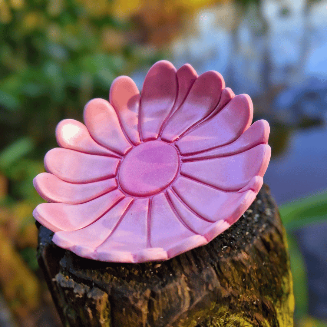 Close Up Detail Image of our Pink Wild Daisy Trinket Dish, Displayed on a Wooden Post.