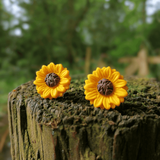 Detailed polymer clay joyful Sunflower studs, hand crafted in Dorset thumbnail.
