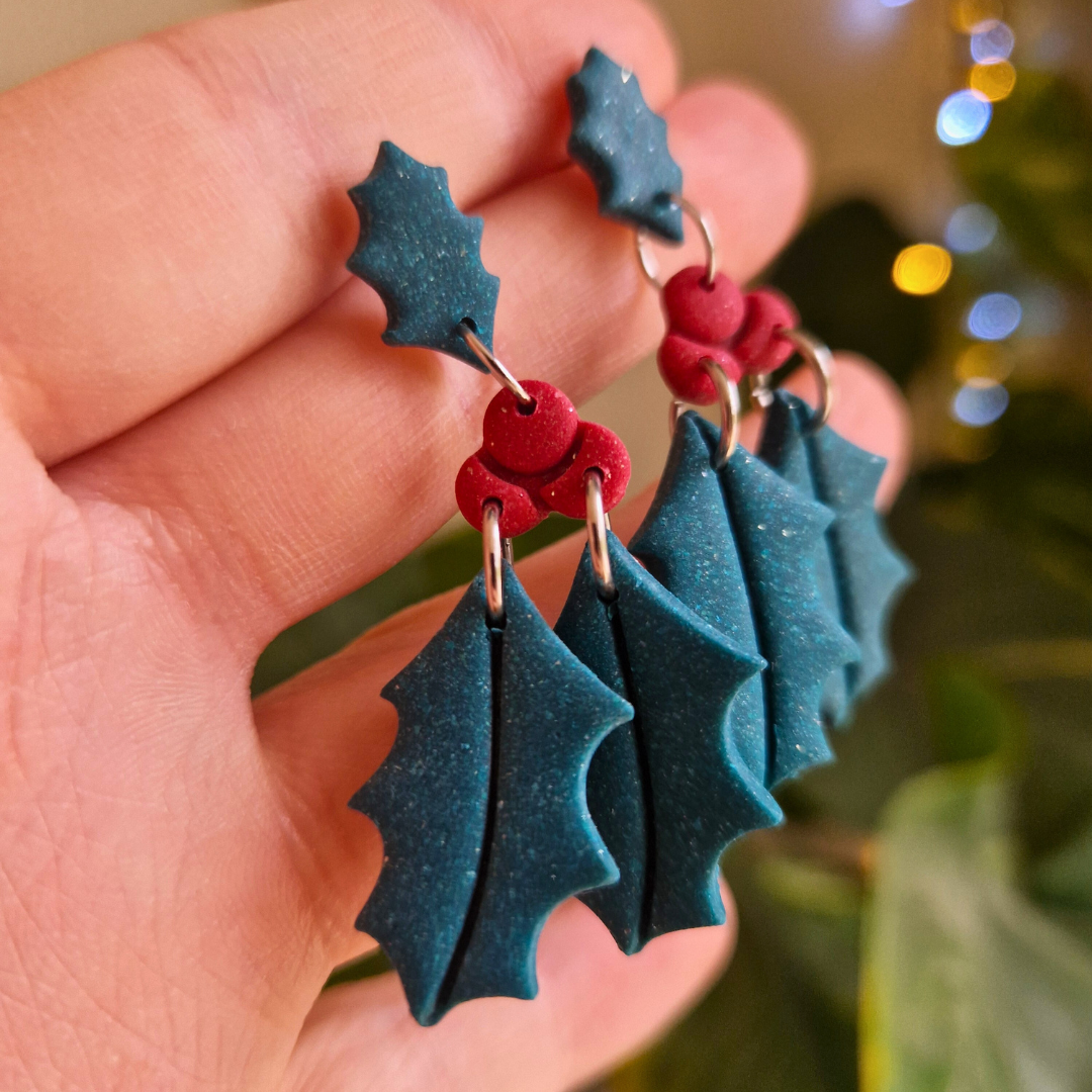 Winter Holly & Berry Drop Stud Earrings