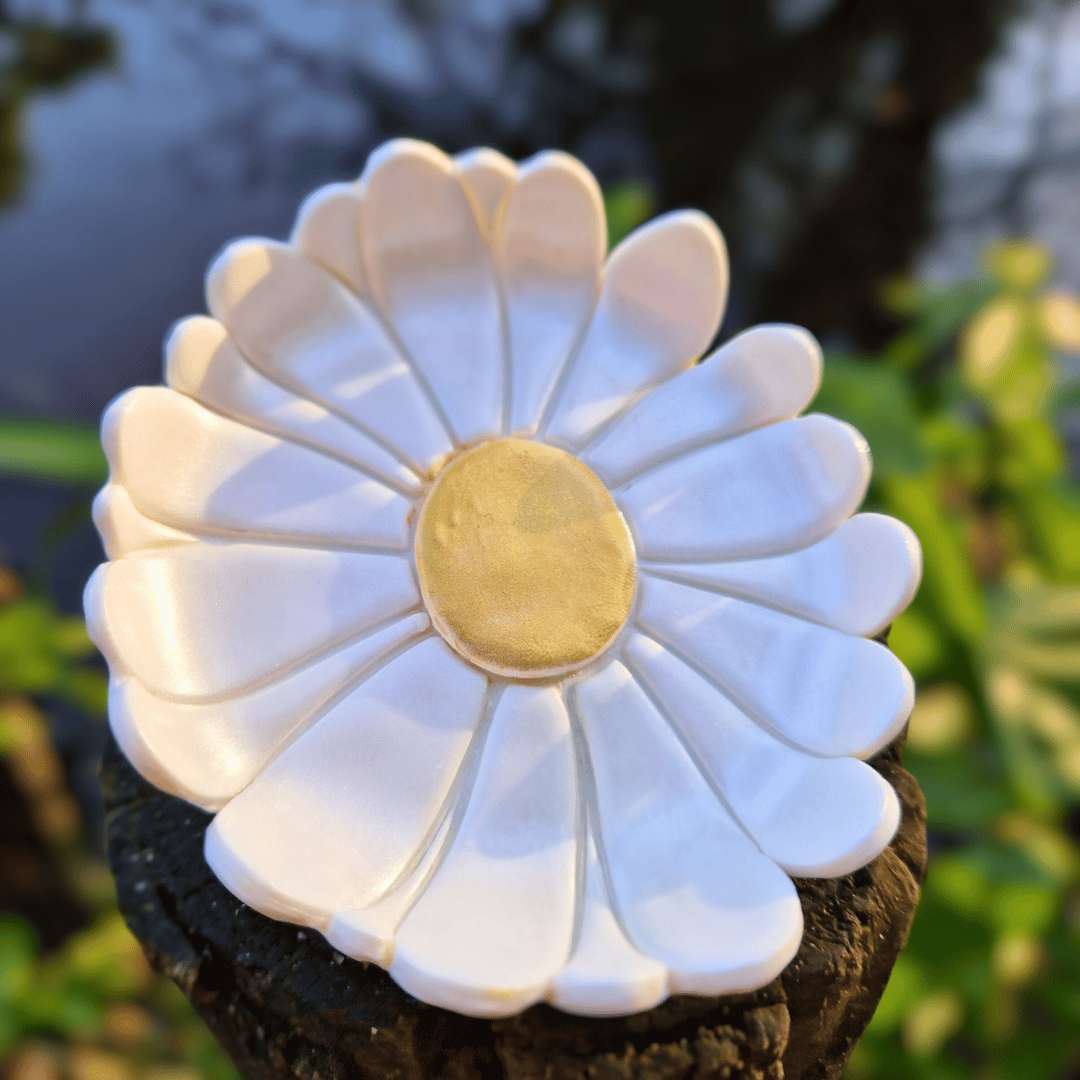 Close up Detail Image of our Daisy Trinket Dish with a Nature Background.