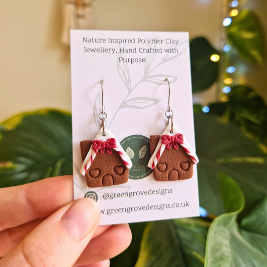 Candy Cane Gingerbread House Hook Earrings