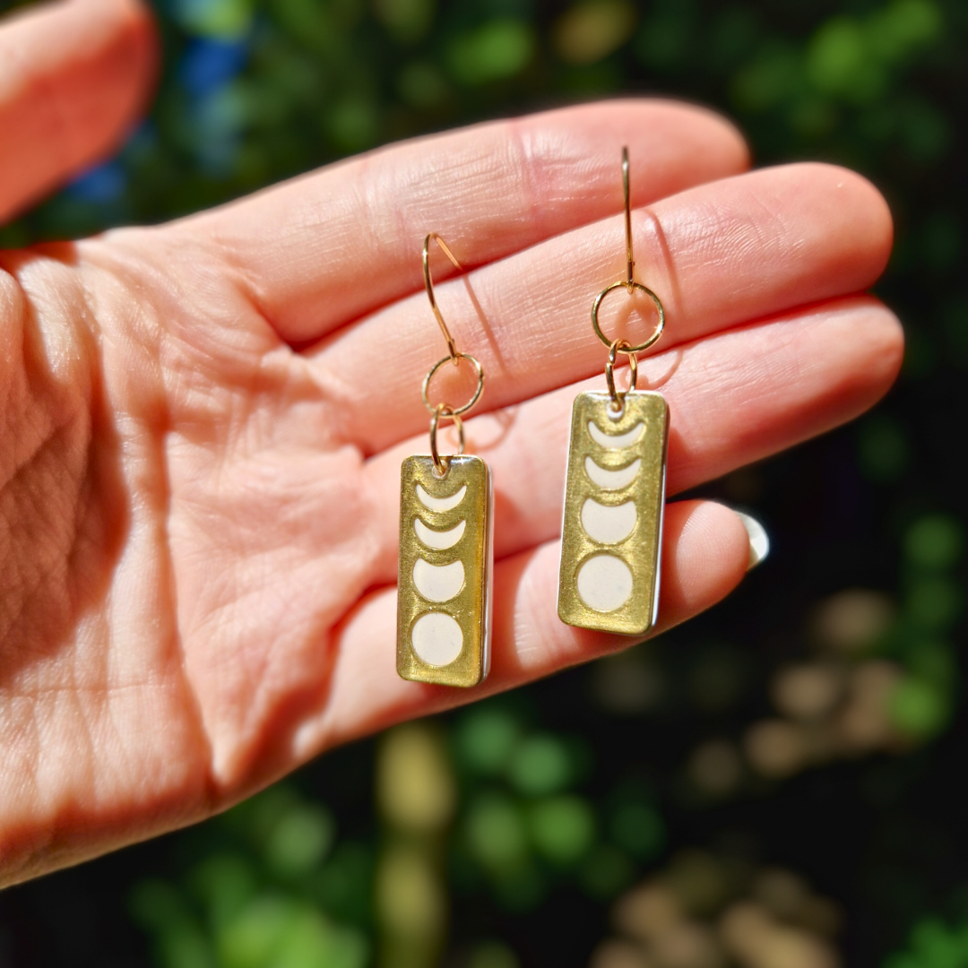 Speckled White Rectangle Moon Phase Hook Earrings