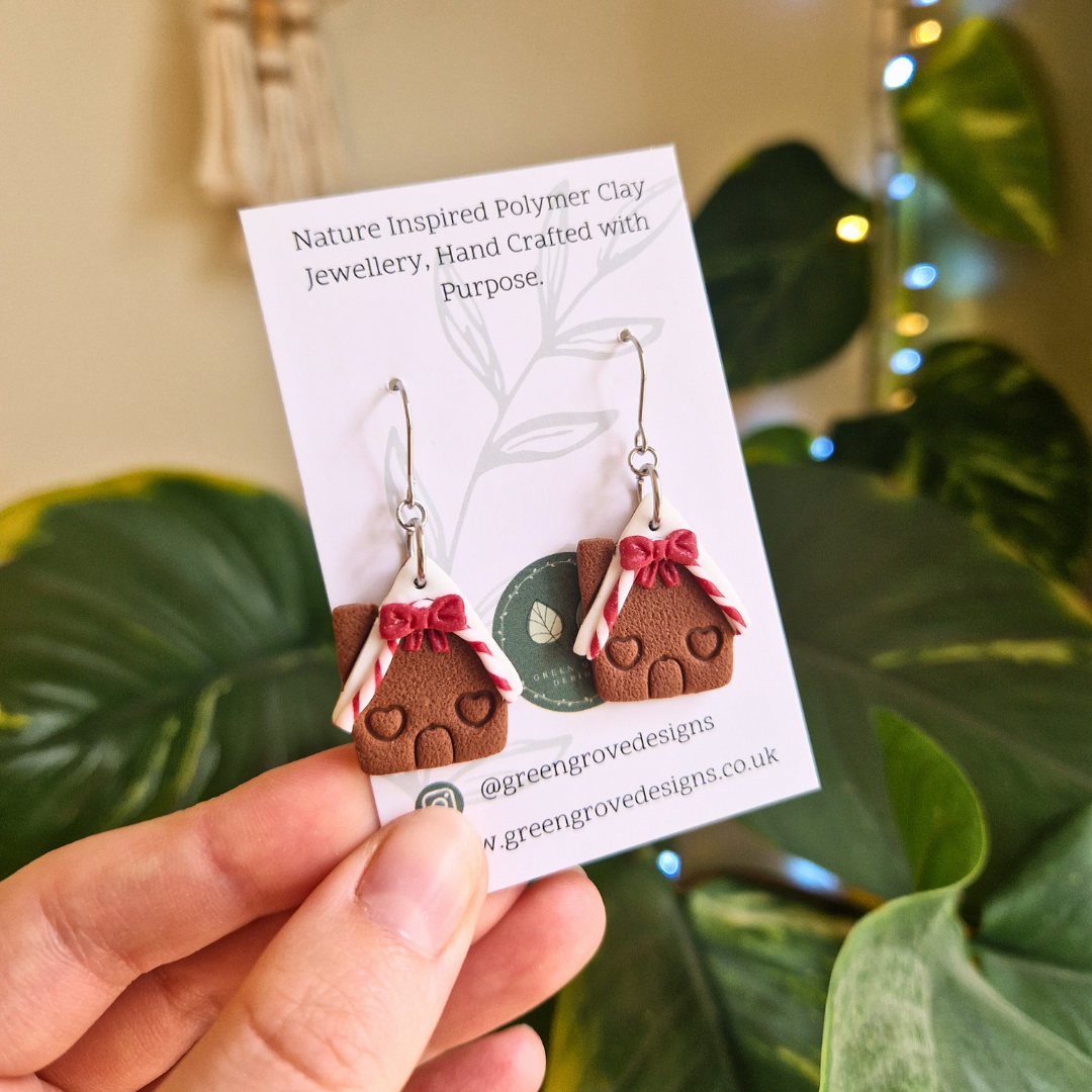 Candy Cane Gingerbread House Hook Earrings