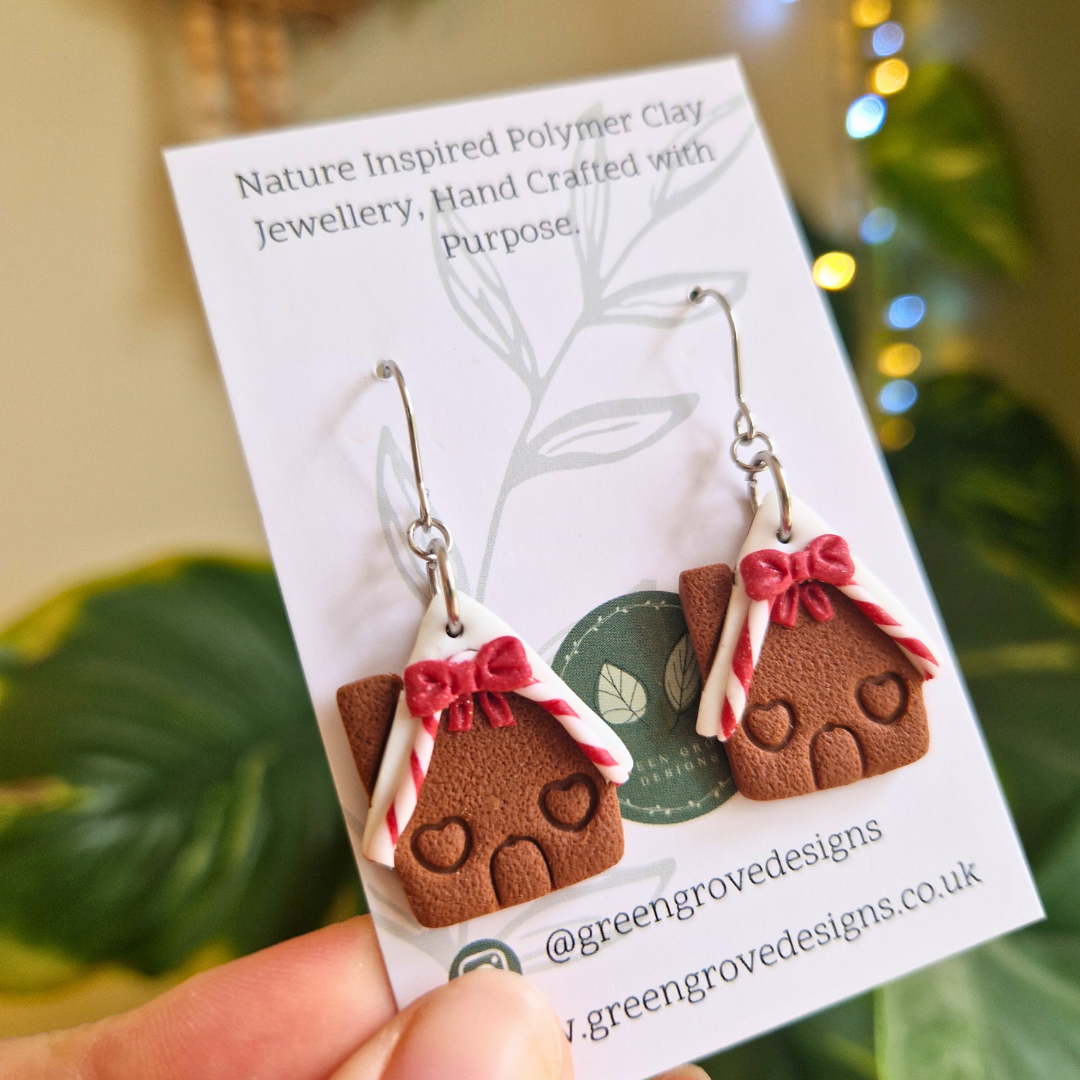 Candy Cane Gingerbread House Hook Earrings