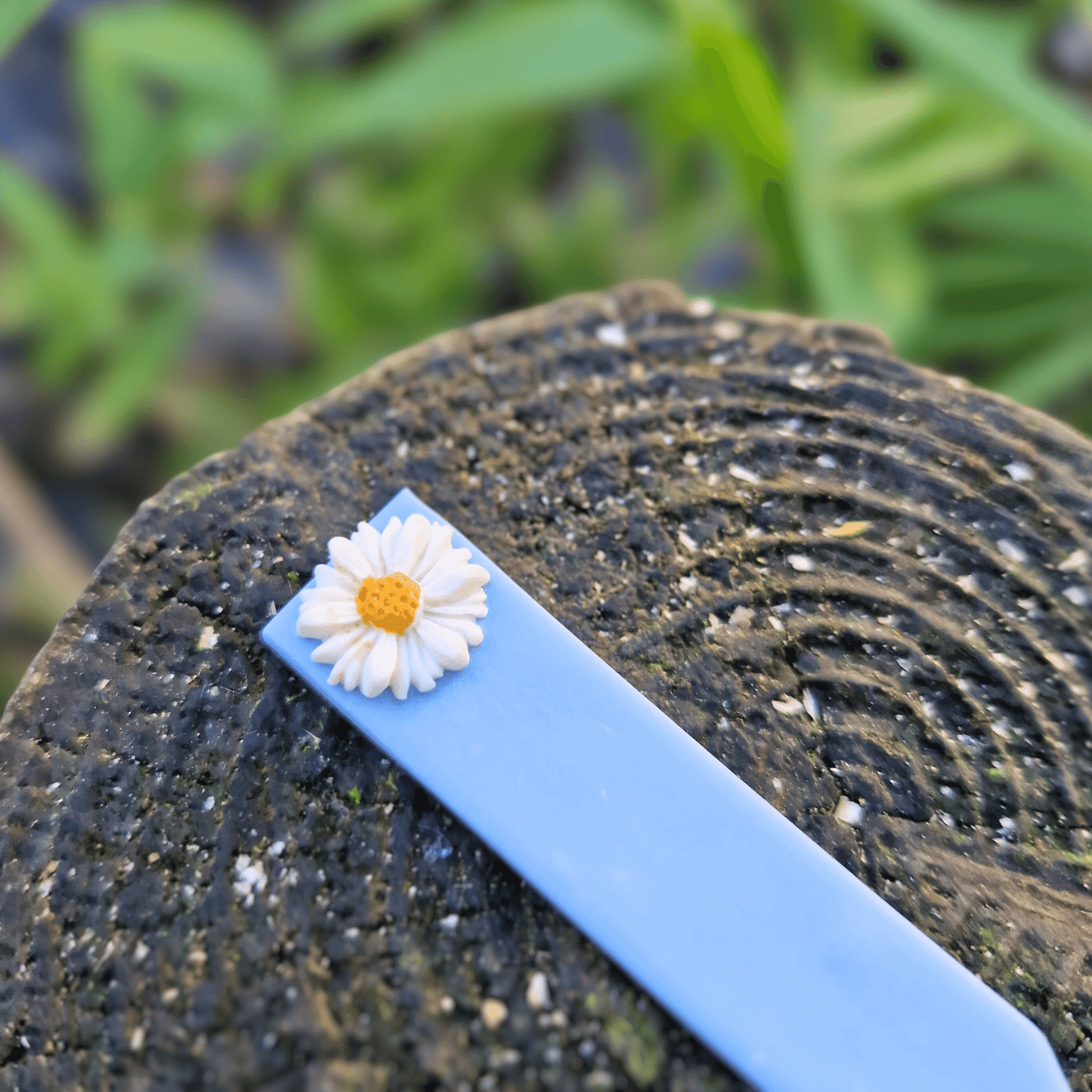 Close up of our Intricate Daisy on Blue Background Plant Tag.