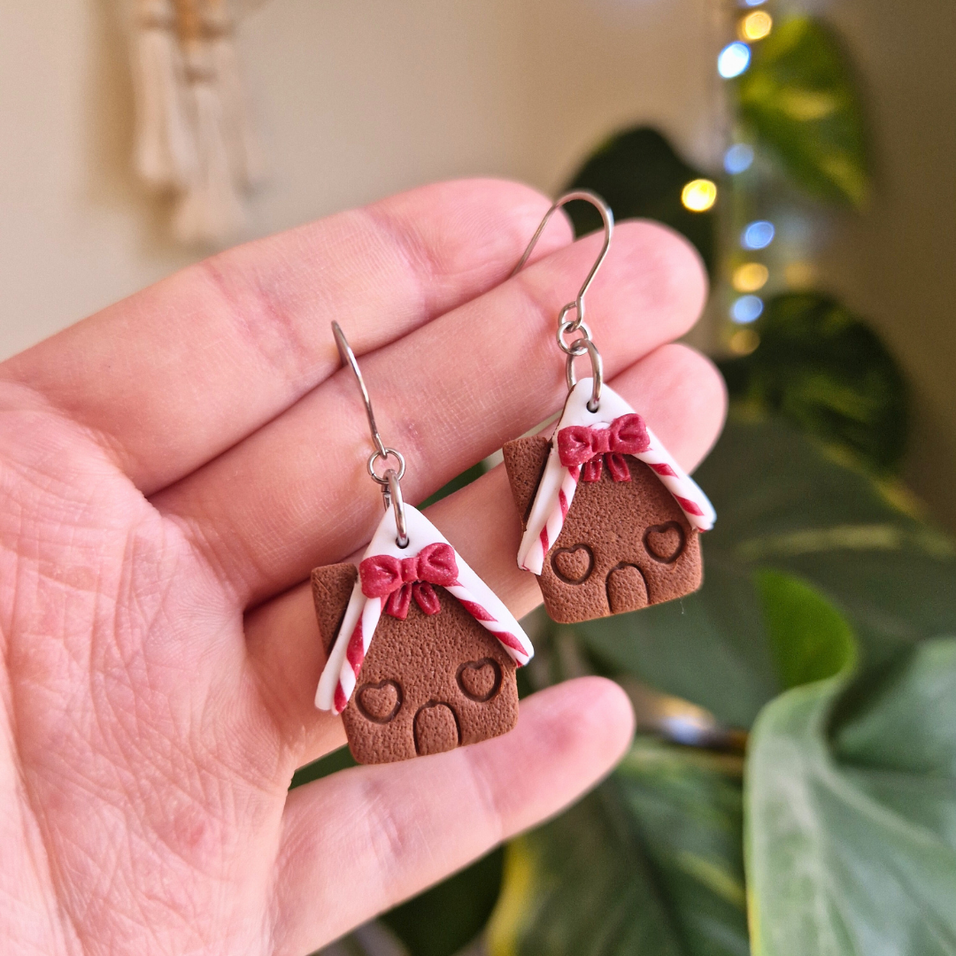 Candy Cane Gingerbread House Hook Earrings