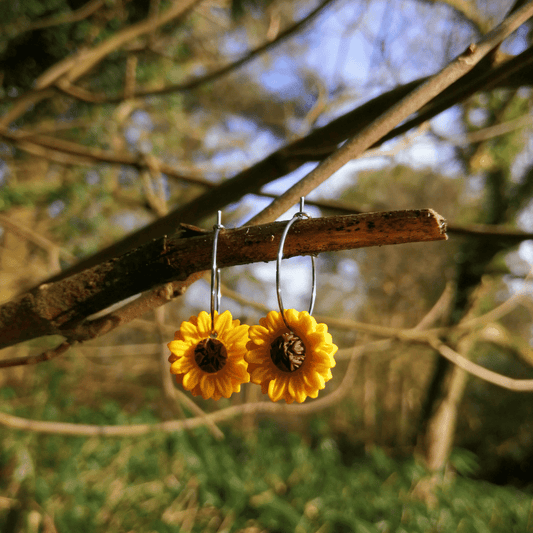 Intricate and joyful polymer clay Sunflower hoop earrings thumbnail