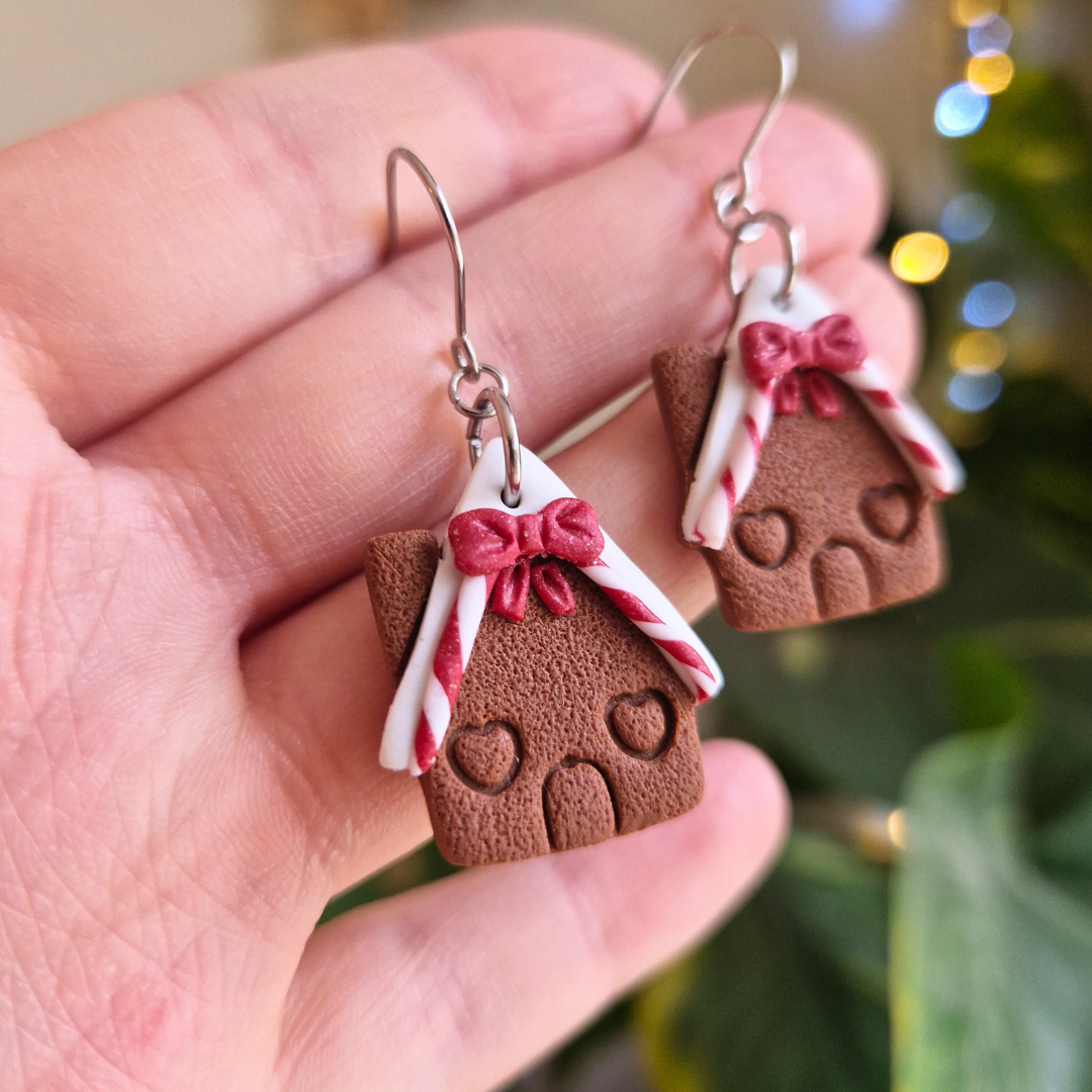 Candy Cane Gingerbread House Hook Earrings