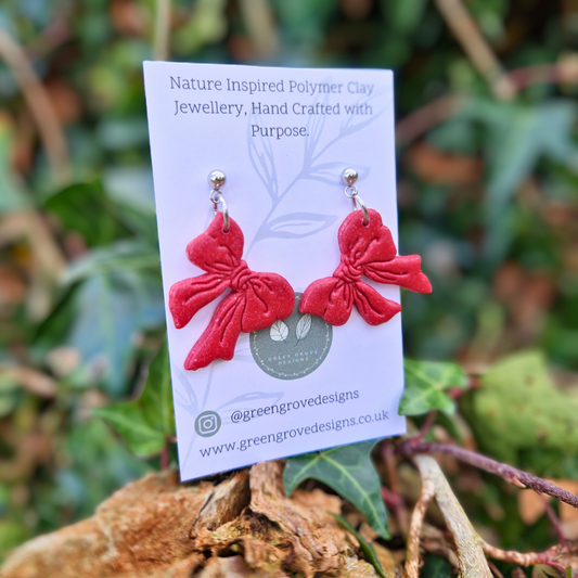 Festive Red Ribbon Drop Studs