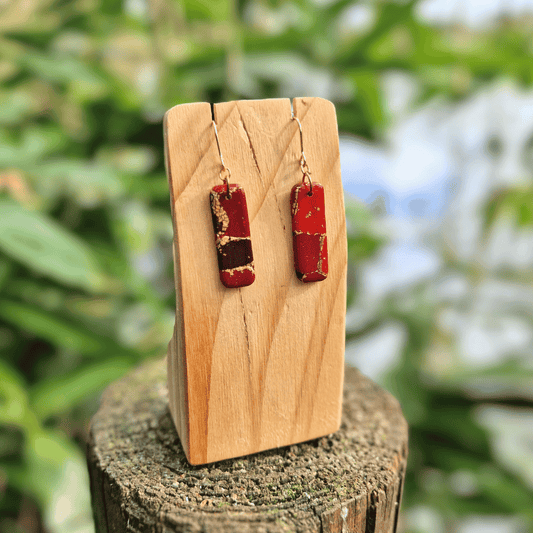 Thumbnail Image for Option 1 of the Rectangle Zero Waste Reds and Gold Hook Earrings, Hand Crafted in Dorset. 