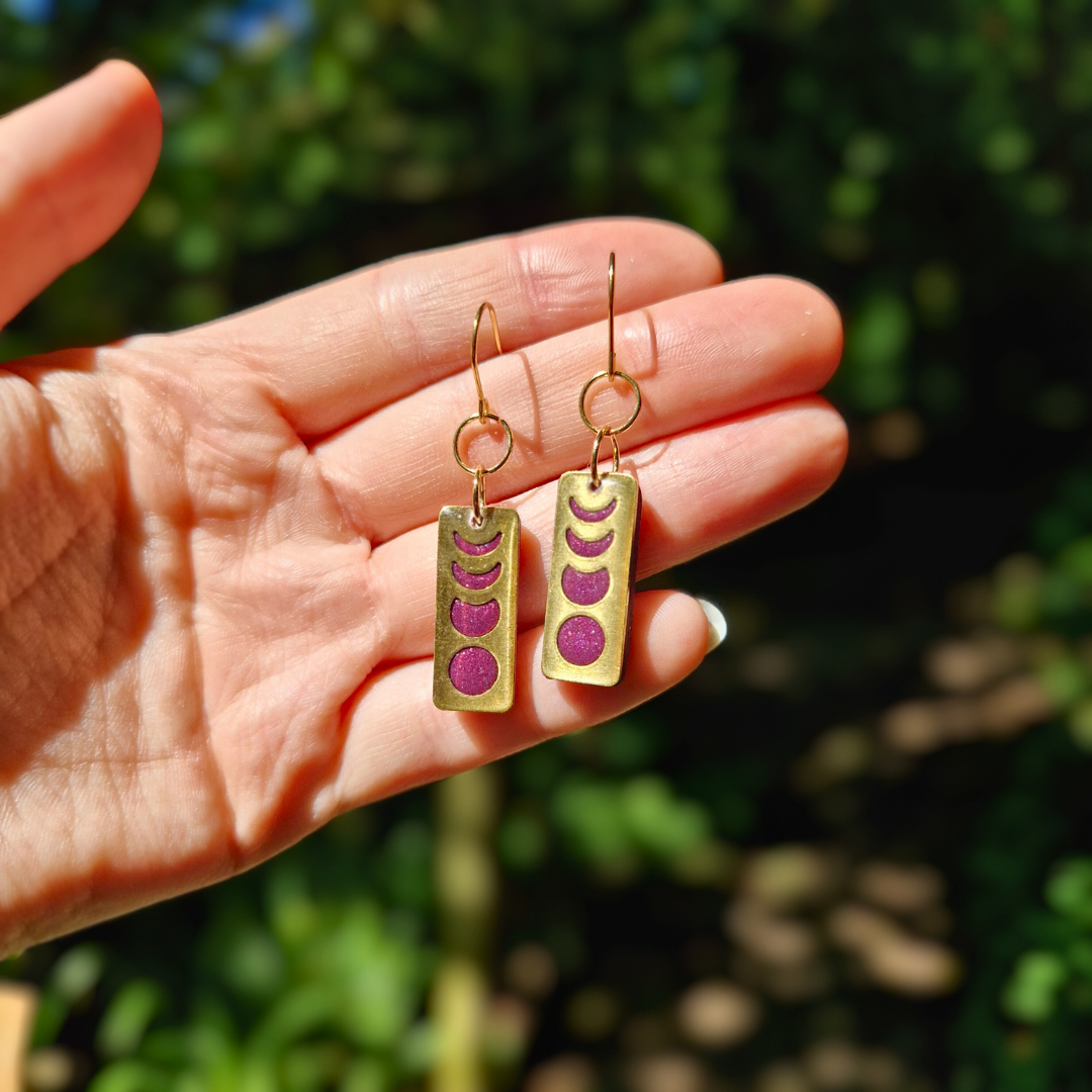 Glitter Purple Rectangle Moon Phase Hook Earrings