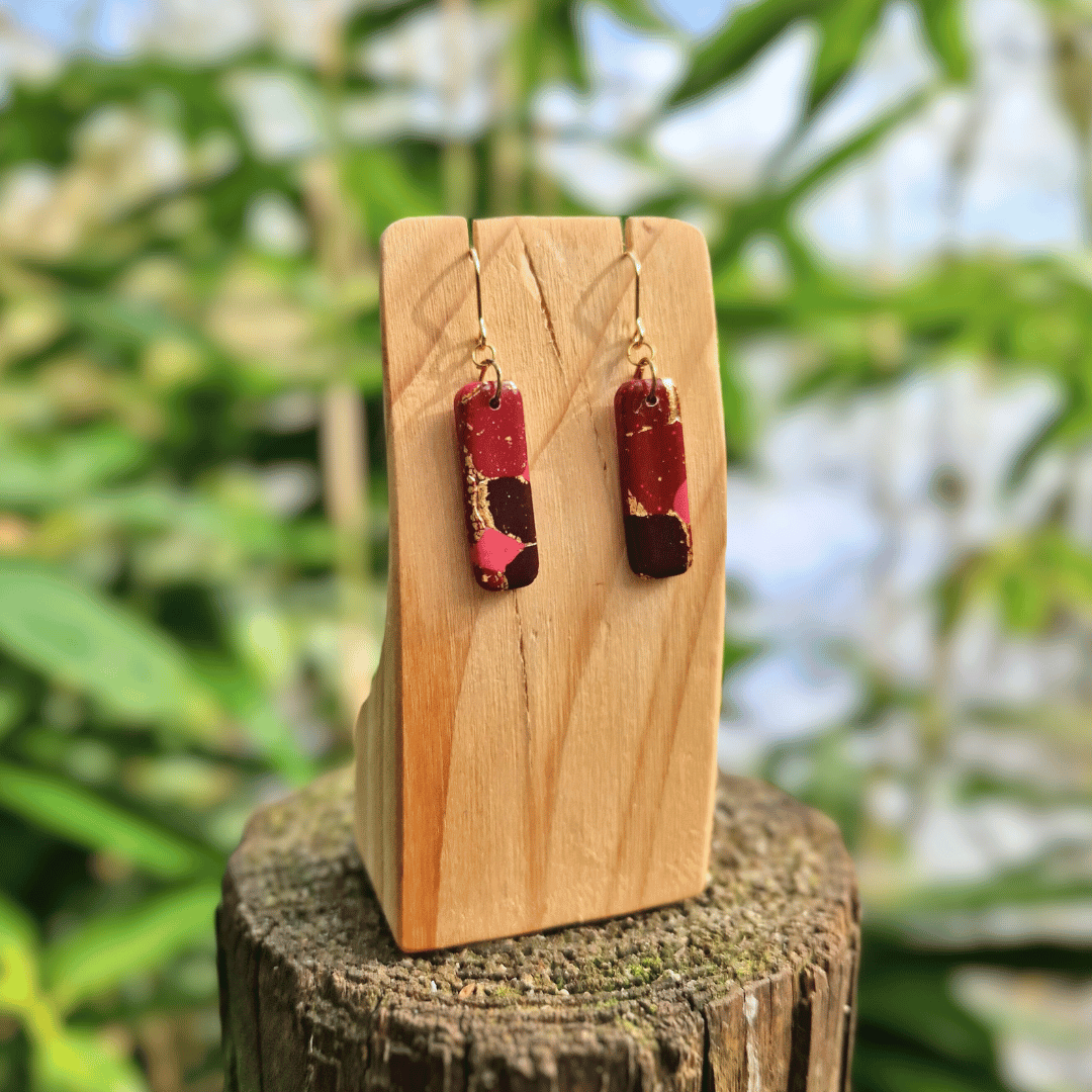 Thumbnail Image for Option 2 of the Rectangle Zero Waste Reds and Gold Hook Earrings, Hand Crafted in Dorset. 